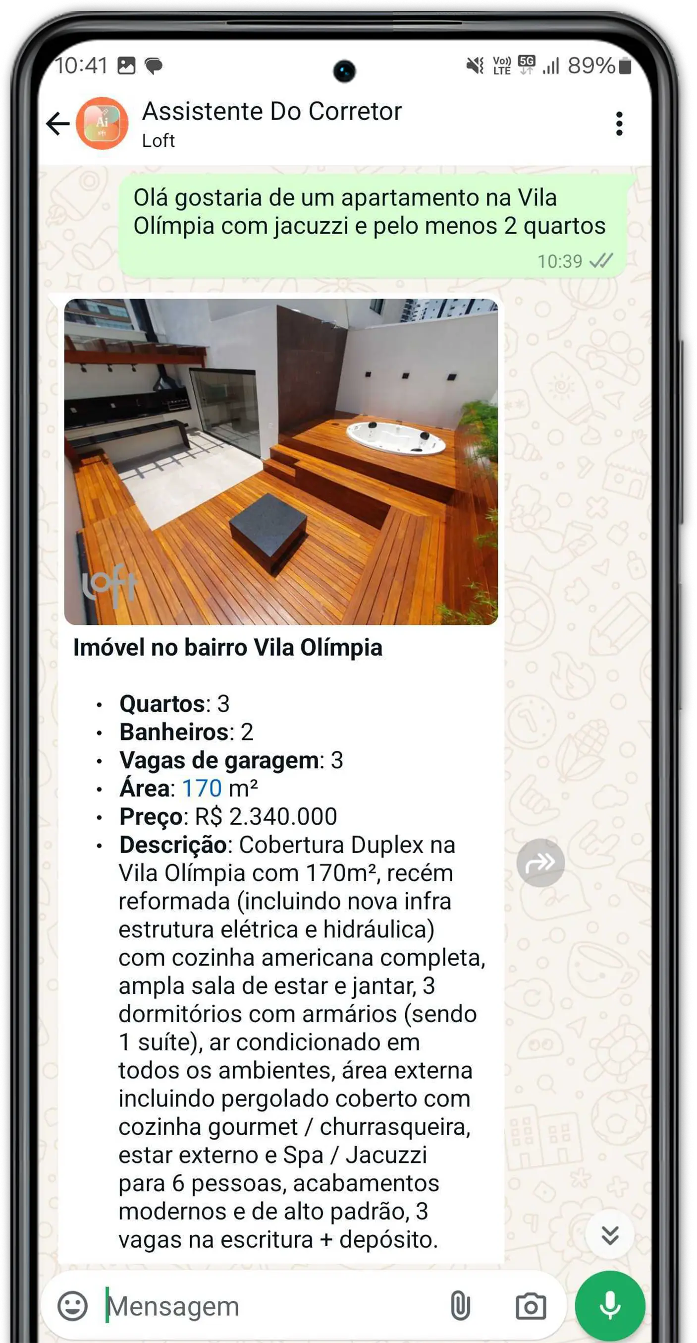 Celular com tela de busca semântica de imóveis